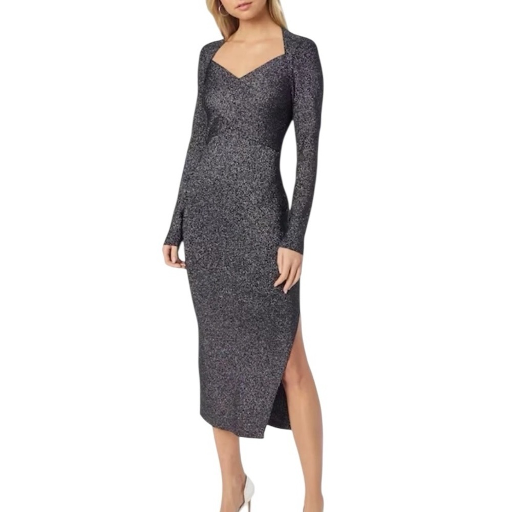 Ted Baker black silver Metallic Tabytha stretch Knit Cross Over Slit dress
